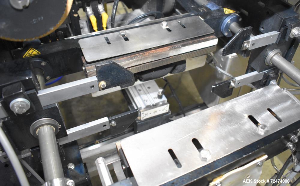 Used Matrix Packaging Mercury HS High Speed Vertical, Form, Fill and Seal Machine. Capable of speeds up to 140 BPM. Bag size range: 1.75" - 11" (Width) x 2.5" - 15" (Length). Has side belt pull downs...